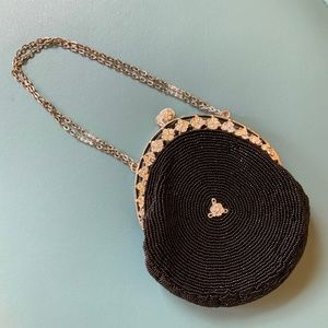 Vintage 90s La Regale Black Beaded Kiss Lock Bag w/ Silver Chains & Rhinestones
